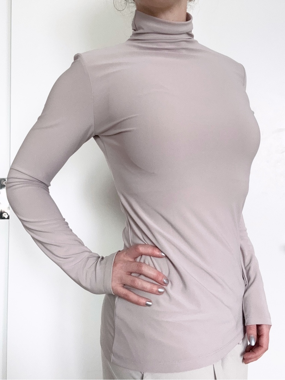 Halogen Purple Funnel Neck Top High-Neck Long Sleeve Taupe Minimalist Capsule XS